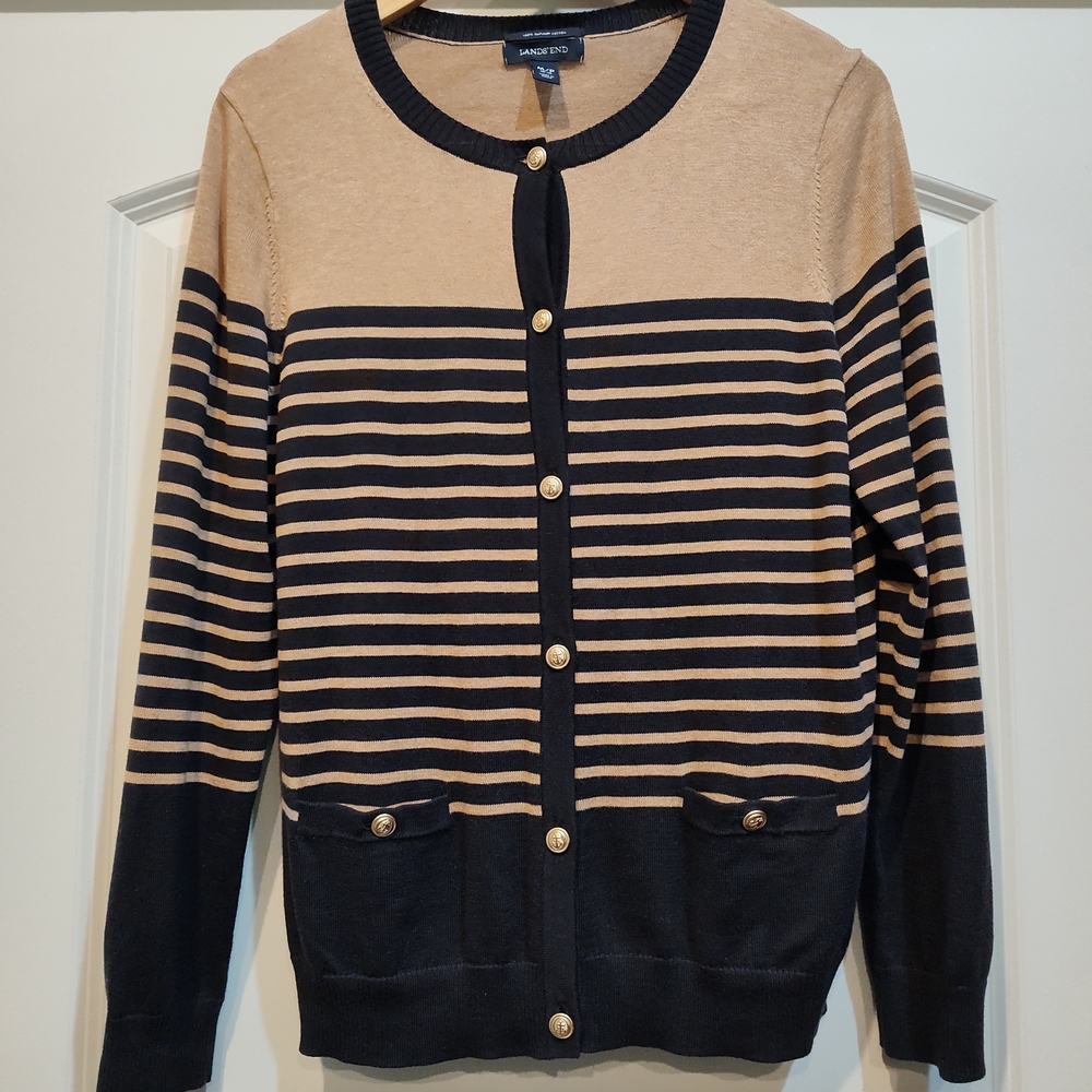 Lands' End Women's Nautical Striped Cardigan In Navy & Tan